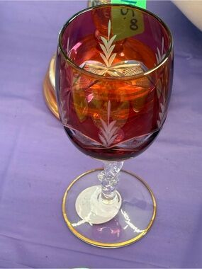 Source Unknown Ruby Red Cut-to-Clear Etched Stemmed Wine Glass with Gold Rim